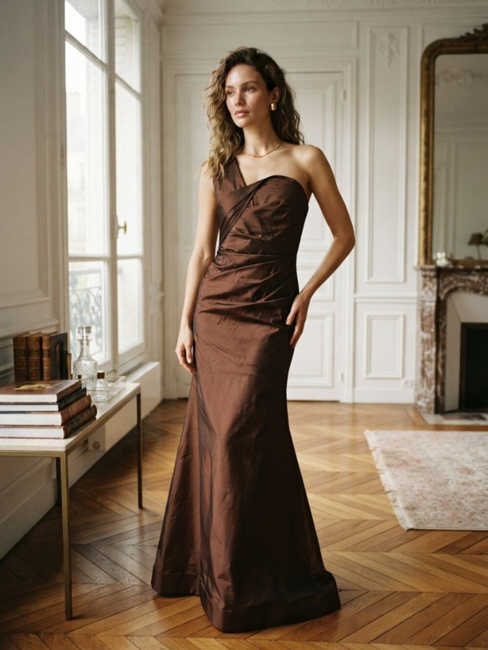 Rickie Freeman Teri Jon Bronze Silk Blend Maxi Gown Size 10